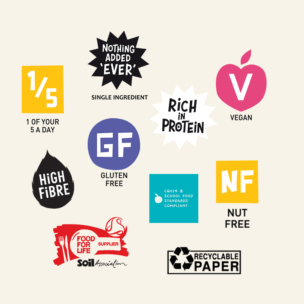 Collection of health and food-related icons and logos on a white background